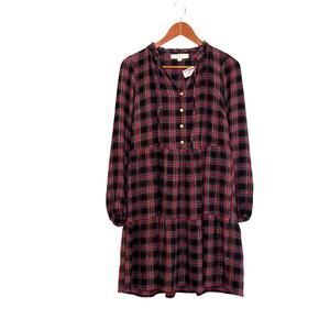 Loft Womens Red Black Plaid Tiered Long Sleeve Knee Length Dress Size Small NWT